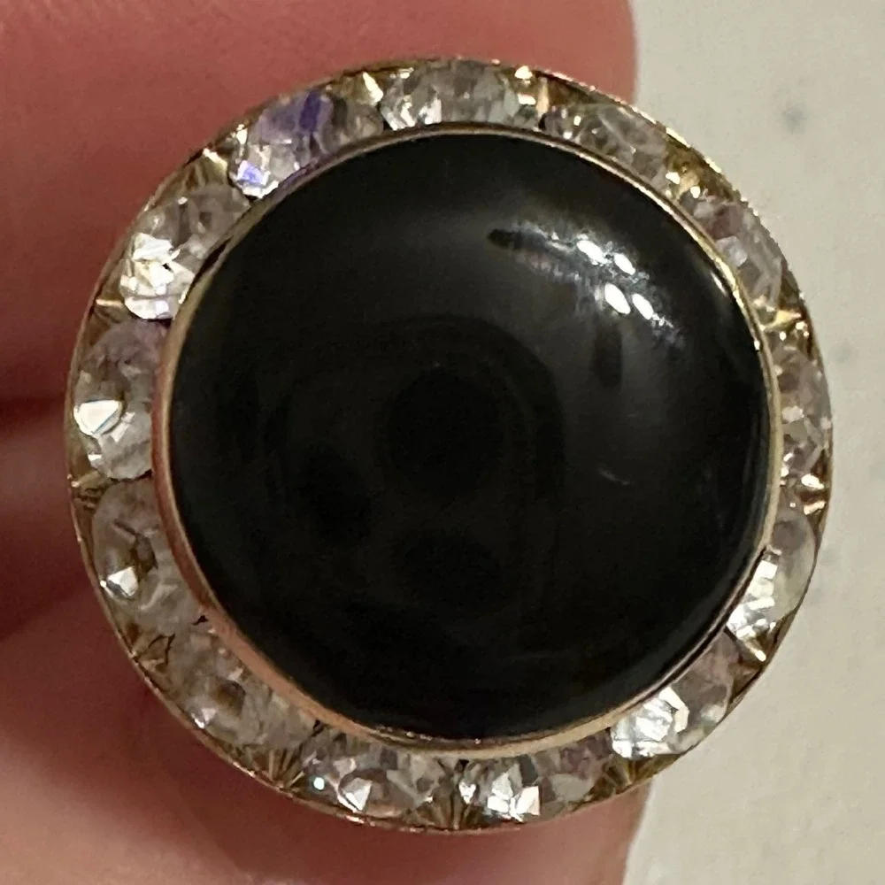 Black Cabochon Rhinestone Halo Cufflinks & Shirt Studs Set Gold Tone Vintage